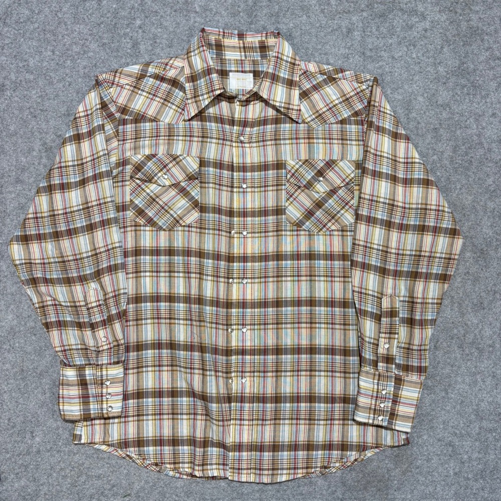 Vintage Big Mac JCPenney Mens Plaid Western Pearl Snap Shirt Brown Tan L